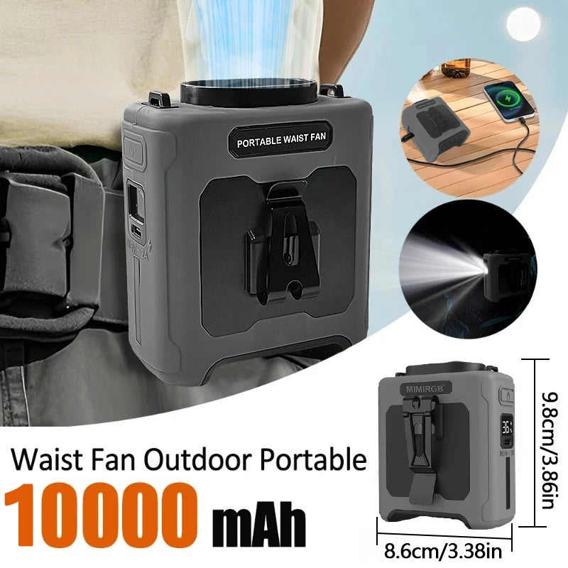 Ventilateur Portable 10000mAh avec Power Bank, Éclairage LED et 5 Vitesses - Idéal pour le Travail en Extérieur