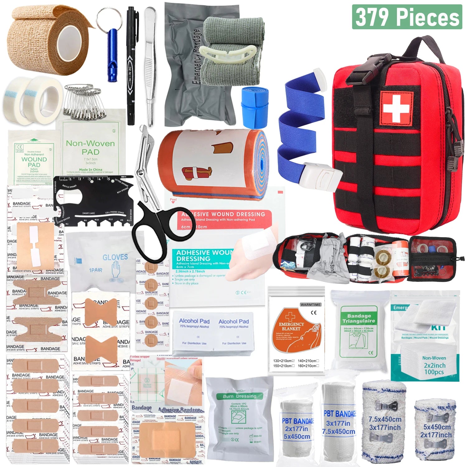 Trousse de premiers secours portable 379 pièces pour bureau et maison, sac d'urgence rouge pour activités extérieures, camping, randonnée