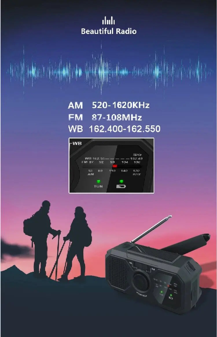 Radio solaire d’urgence – Radio météo à manivelle et batterie externe