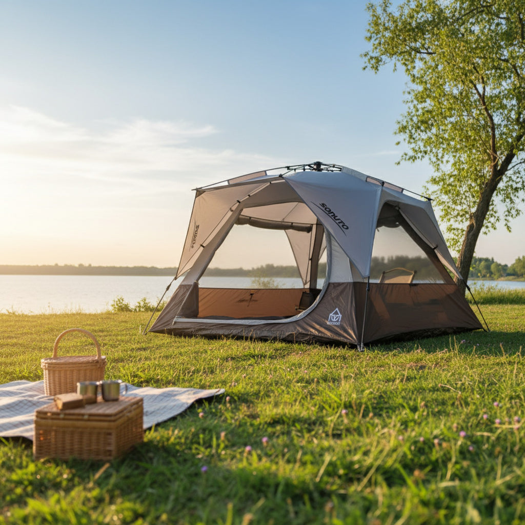 Tente de camping automatique Sonuto 3-4 personnes - Ouverture rapide, anti-UV, idéale pour voyage, plage, pêche et pique-nique