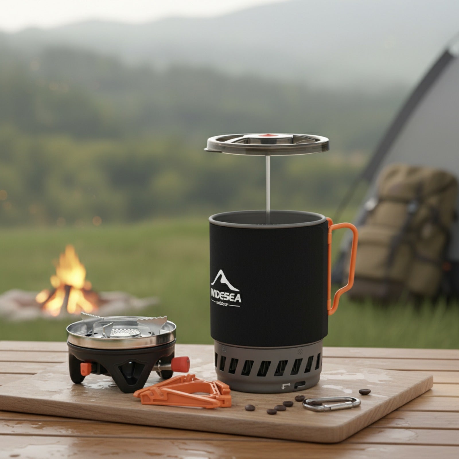 Cafetière Piston Nomade Widesea 0.9L avec Réchaud Camping 1100BTU