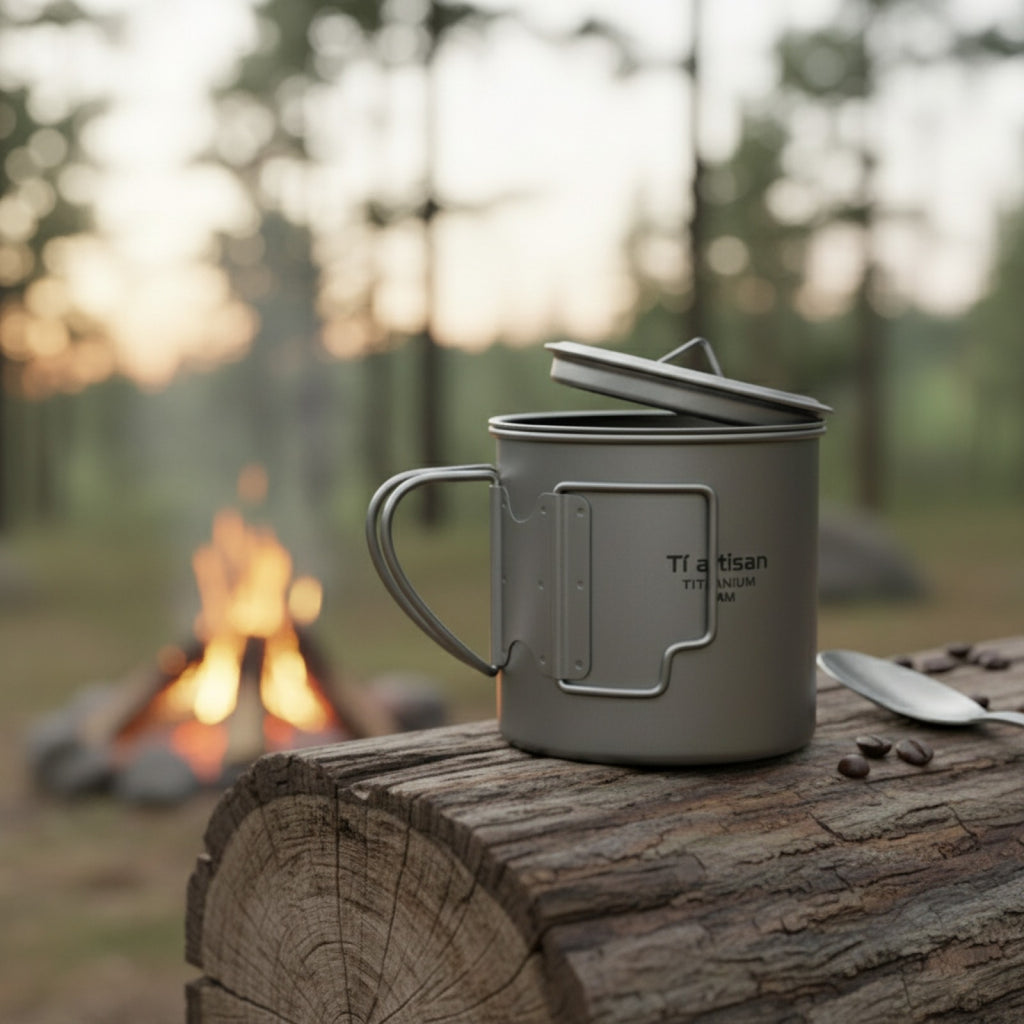 Tasse de camping Tiartisan en titane léger avec poignée pliable - Idéale pour le thé, le café, la randonnée et les voyages