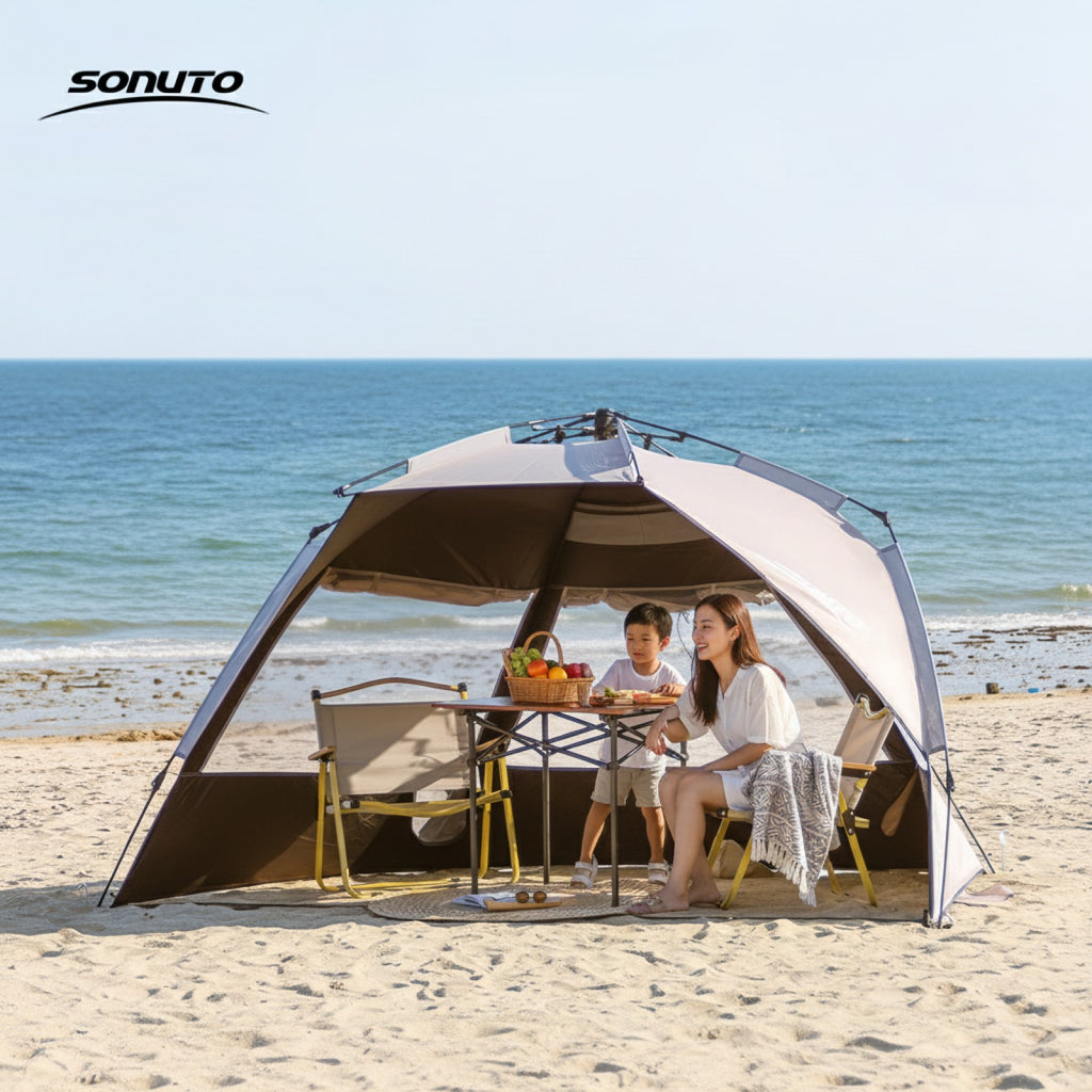 Tente de camping automatique Sonuto 3-4 personnes - Ouverture rapide, anti-UV, idéale pour plage, pêche, pique-nique et voyage