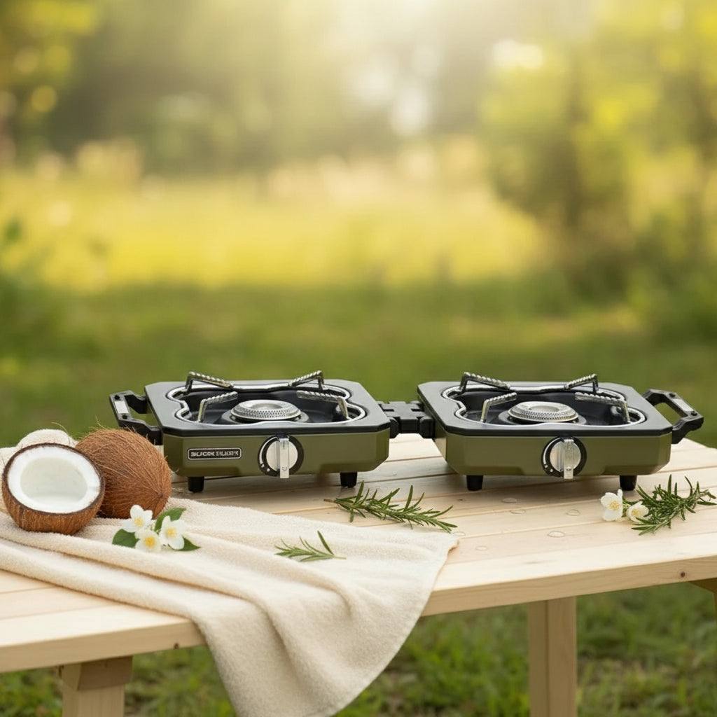 Réchaud de Camping Double Brûleur BUERK - Haute Puissance, Pliable, Portable pour Barbecue et Pique-nique en Extérieur