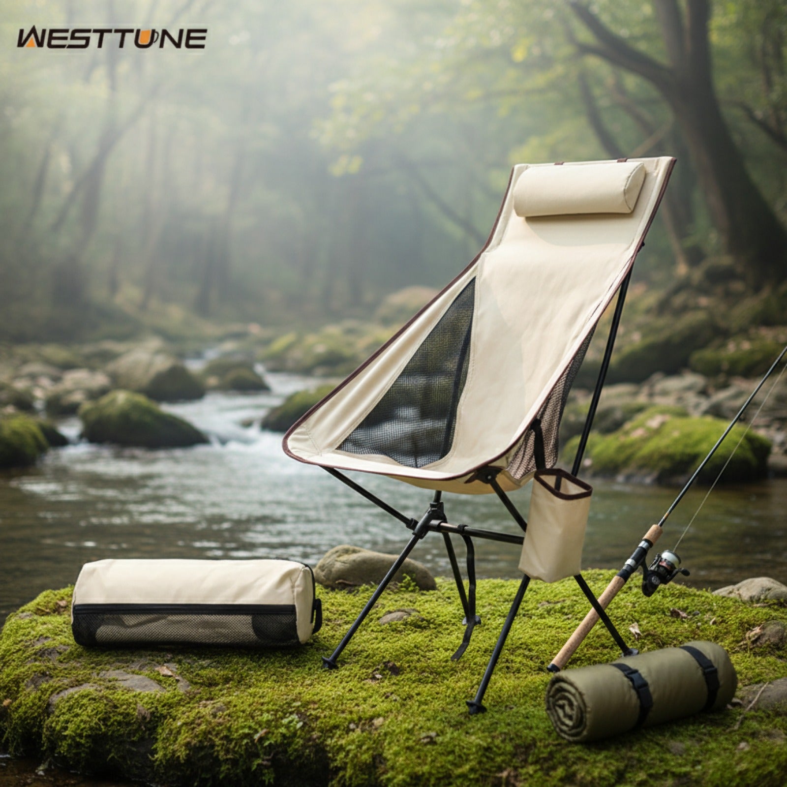 Chaise de camping pliante WESTTUNE avec repose-tête - Légère en alliage d'aluminium pour pêche et extérieur