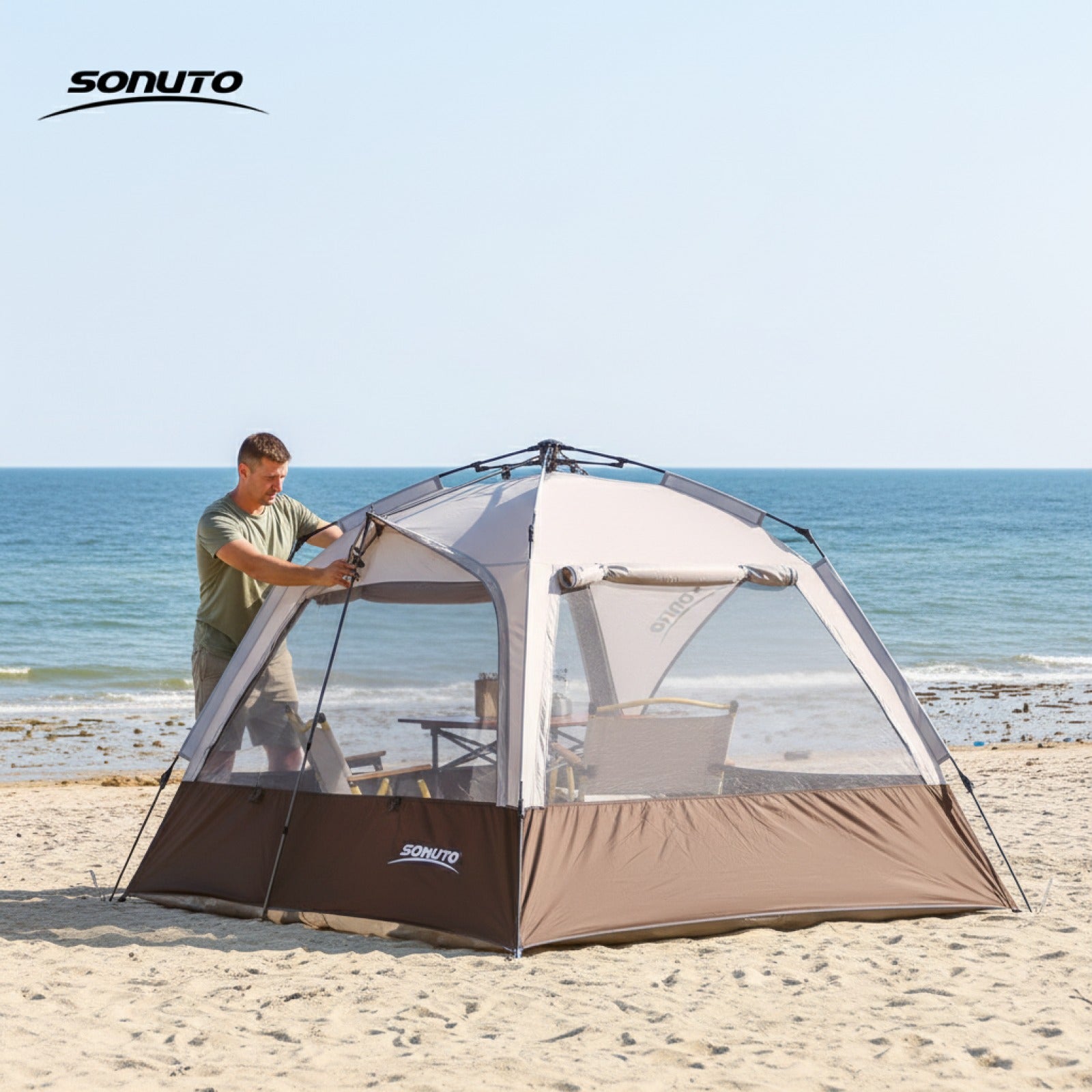 Tente de camping automatique Sonuto 3-4 personnes - Ouverture rapide, anti-UV, idéale pour voyage, plage, pêche et pique-nique