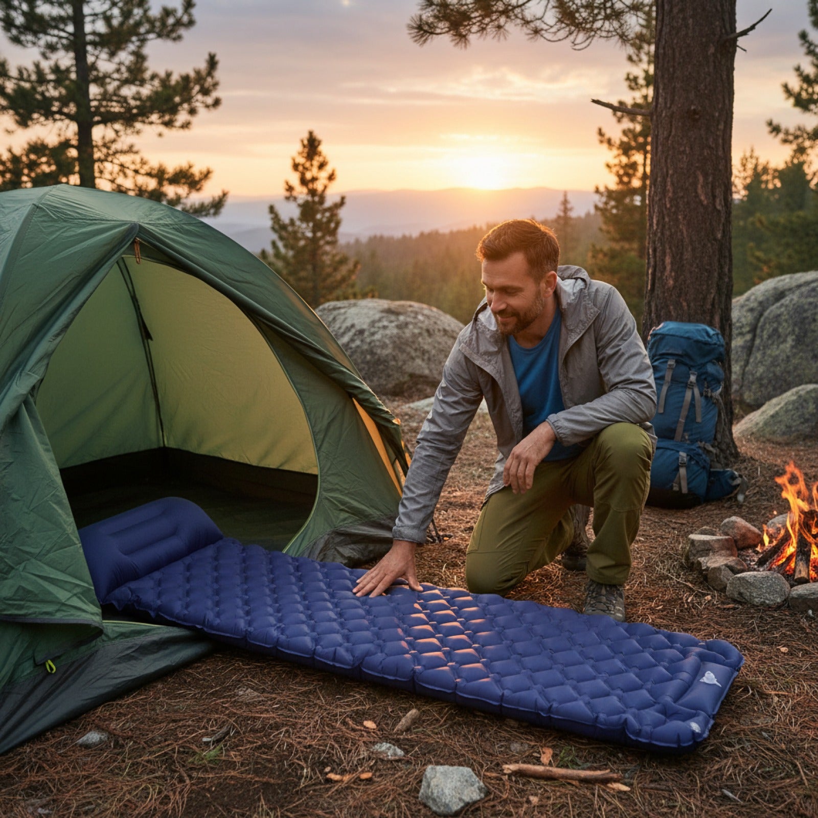 Matelas de Camping Gonflable Ultraléger avec Oreiller Intégré et Pompe - Idéal Randonnée