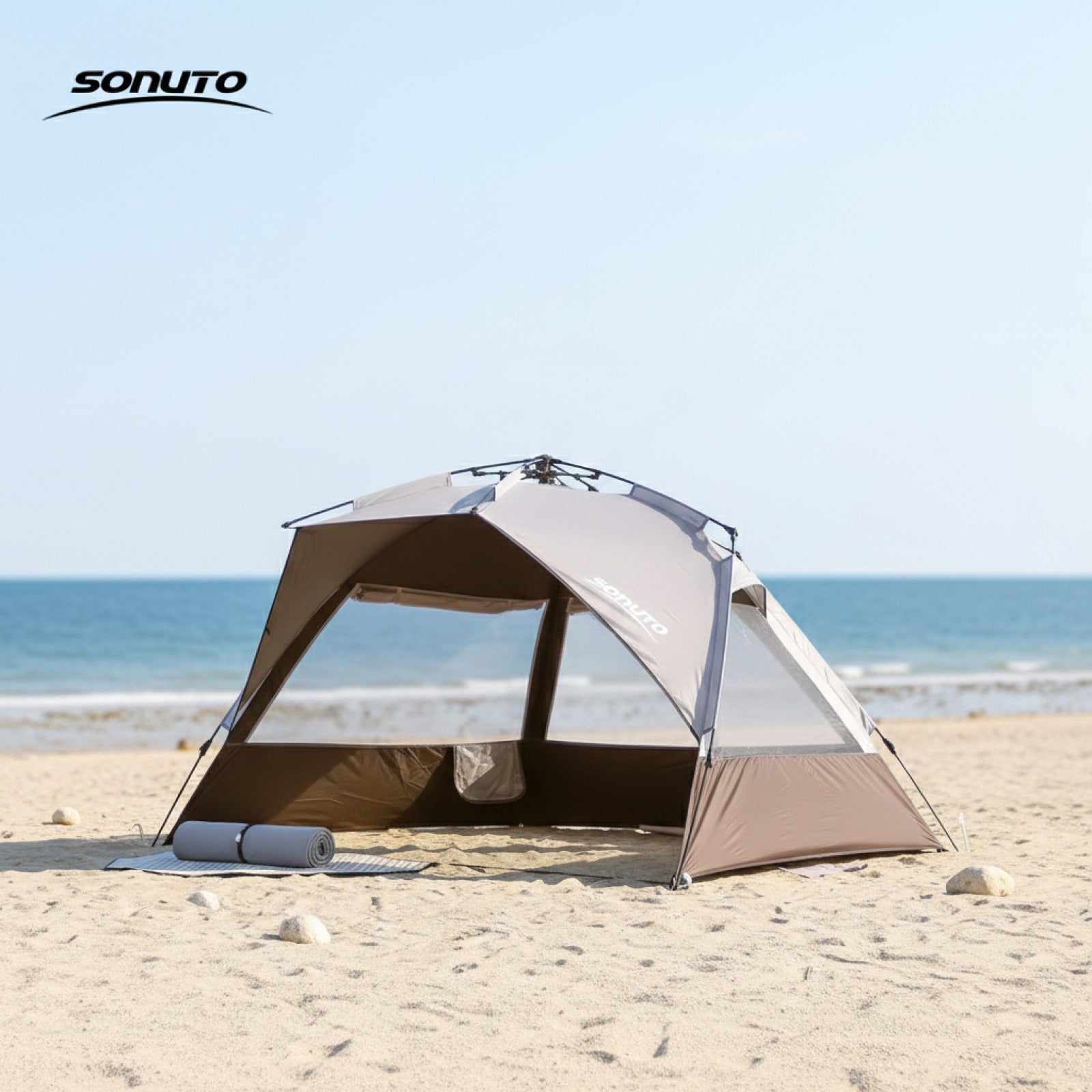 Tente de camping automatique Sonuto 3-4 personnes - Ouverture rapide, anti-UV, idéale pour plage, pêche, pique-nique et voyage